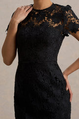 Clarissa | Black Lace Short-Sleeve Pleated Midi Dress