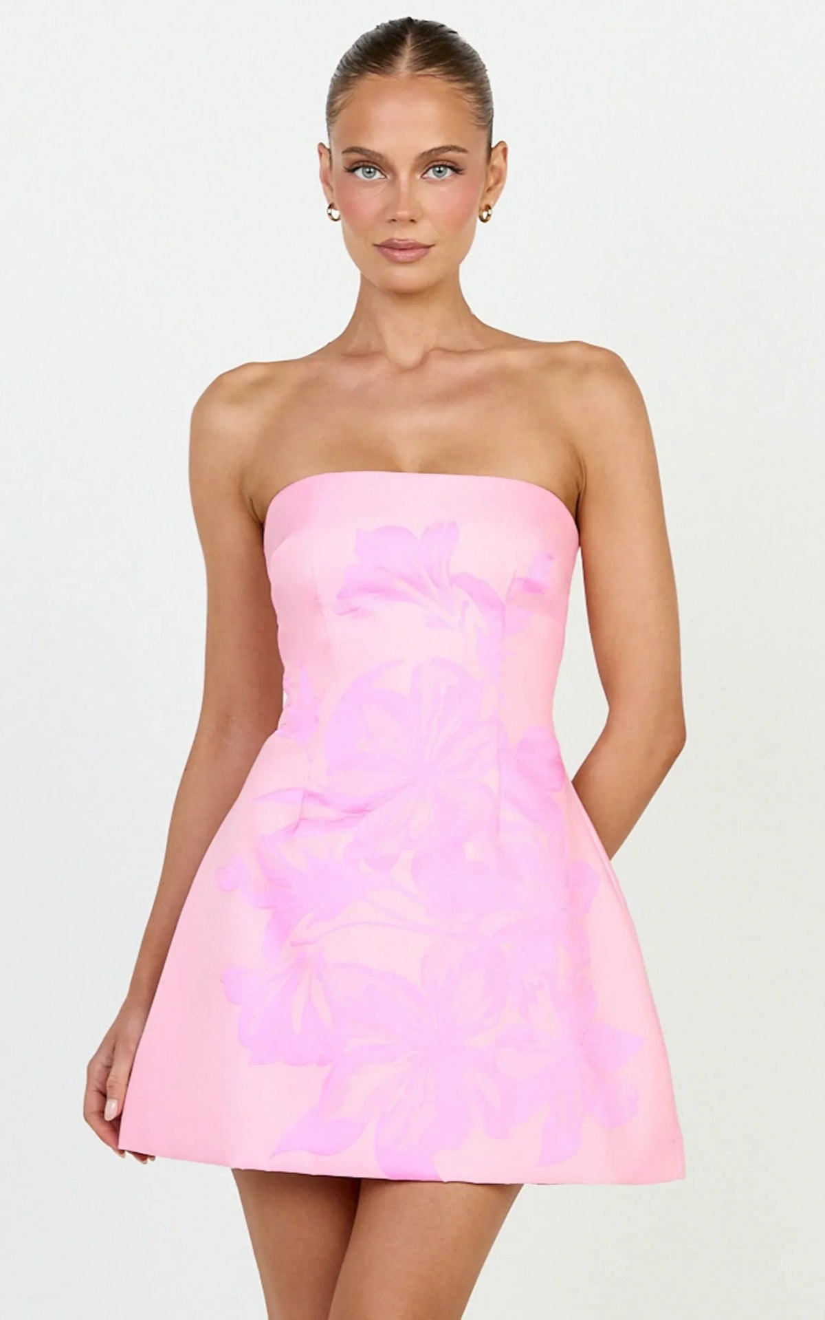 Emme Mini Dress - Strapless Jacquard Placement Floral A Line Dress in Pink