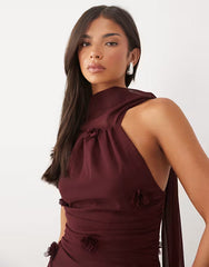 Tfnc Chiffon High Neck 3D Floral Applique Scarf Detail Mini Dress In Plum