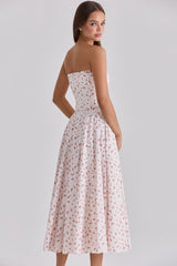 White Rose Print Strapless Cotton Maxi Dress