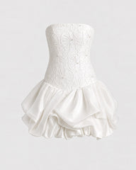 Orchid Beaded Embroidered Strapless Bubble Hem Mini Dress - White