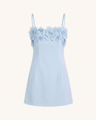 Flower Embroidered Trim Spaghetti Strap Mini Dress - Light Blue
