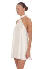 Satin Ring Halter Mini Dress in White
