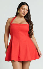 Nadine Mini Dress - Square Neck Halterneck Flare Skirt Dress in Red
