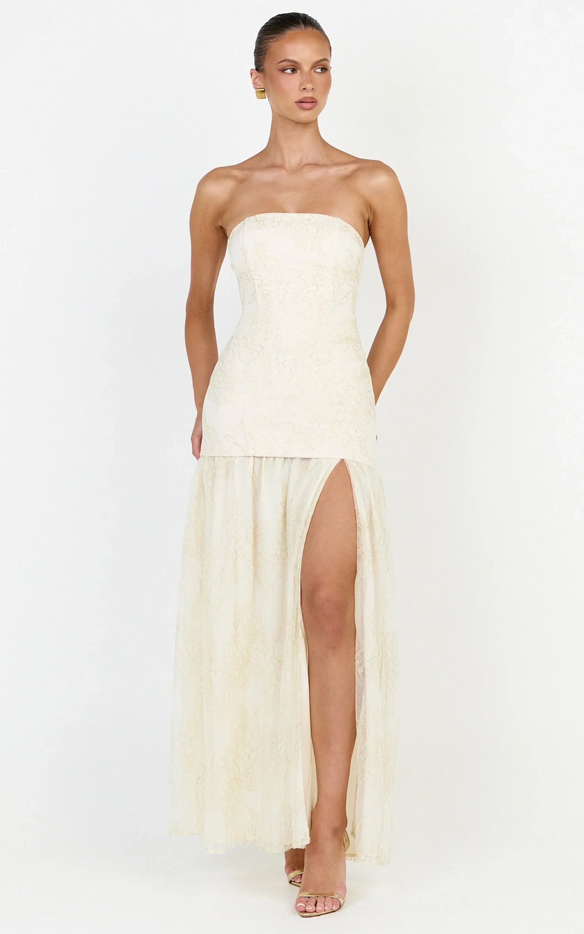 Brielle Maxi Dress - Strapless Gathered Fit & Flare Lace Dress in Champagne