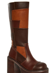 Winding Roads Knee High Patchwork Boots - Brown