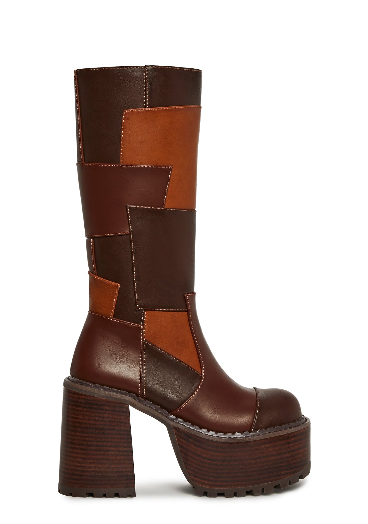 Winding Roads Knee High Patchwork Boots - Brown
