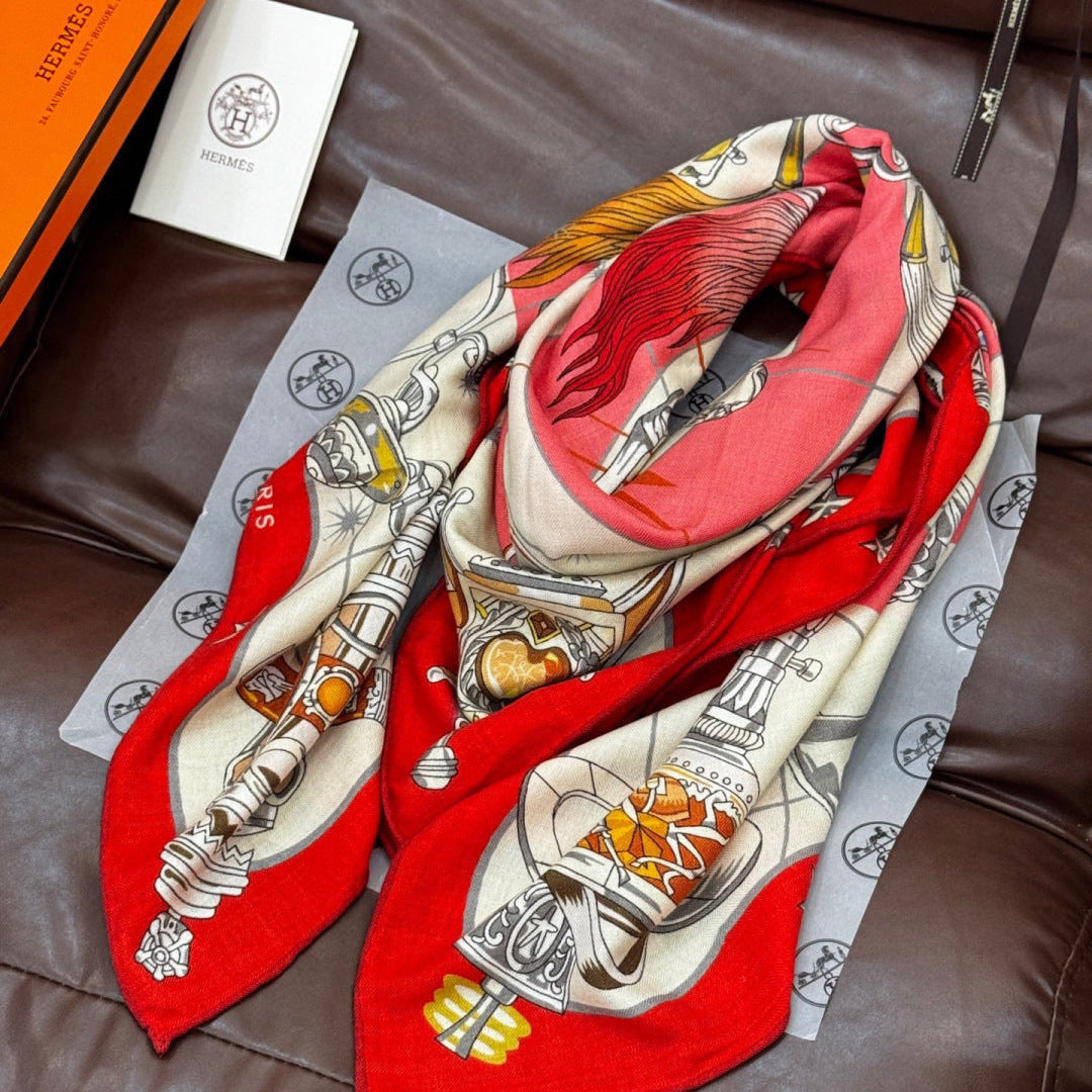 HM Starry Night Chorus Double-Sided Scarf 140cm Red Silk Cashmere 143717