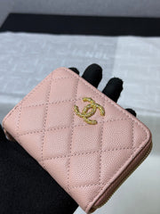 CC 26P Zipper Card Holder Light Pink Quited Caviar Leather