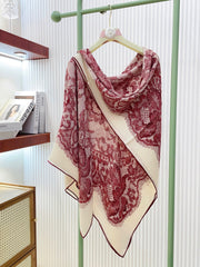 Loro Piana Double-sided Scarf  Red White Floral Patterned Cashmere Silk 150382