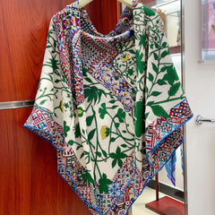 Le Jaguar Et Le Colibri Shawl 135 CM Green Colorful Cashmere And Silk 281676