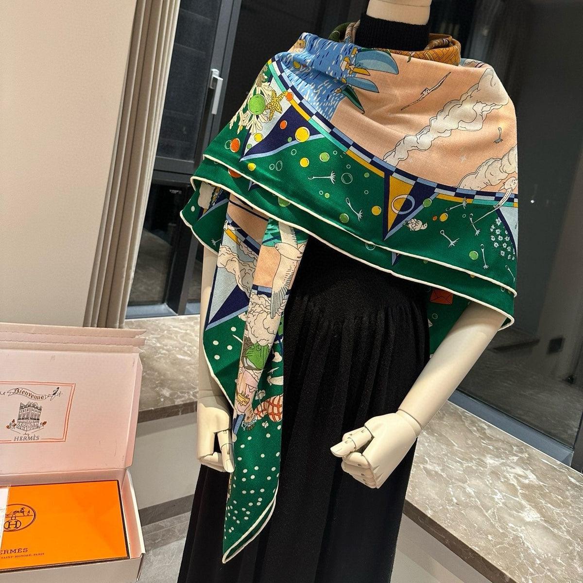 Flagship Scarf 140 CM In Dark Green Colorful Cashmere And Mulberry Silk 376506
