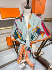 HM A Toute Allure Scarf 140 Light Blue Orange Cashmere Silk 200689