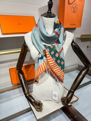 HM A Toute Allure Scarf 140 Light Blue Orange Cashmere Silk 200689