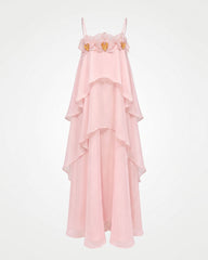 Orchid Embroidered Saghetti Strap Layered Ruffle Maxi Dress - Blush Pink