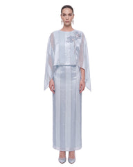 3D Floral Sheer Cape Maxi Dress - Light Blue