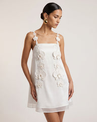 Orchid-Embellished Spaghetti Strap Mini Dress - White