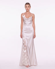 Butterfly Lace Panel Satin Cowl Maxi Dress - Ivory