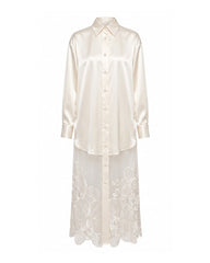 Satin Phalaenopsis Orchid Embroidery Long Shirt Dress - Ivory White