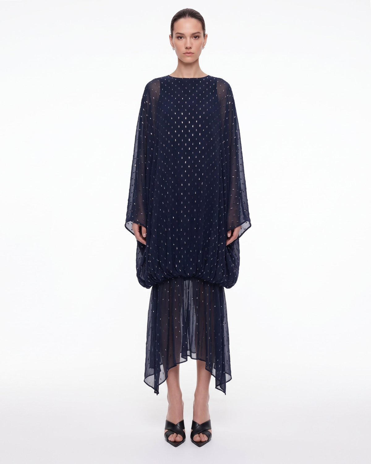 Embellished Sheer Balloon-Hem Maxi Dress - Navy