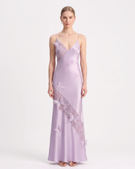Butterfly Lace Panel Satin Slip Maxi Dress - Lavender