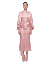 3D Floral Ruched-Waist Cape Midi Dress - Blush