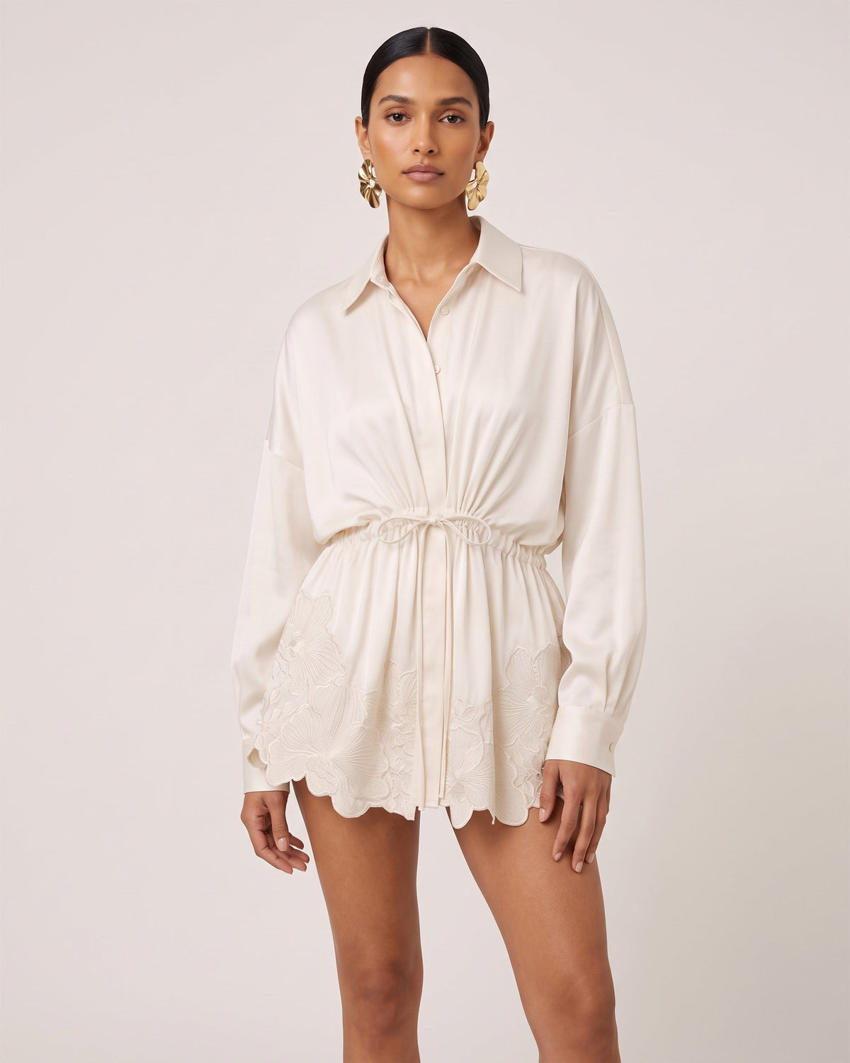 Orchid-Embroidered Drawstring-Waist Shirt Dress - Ivory White