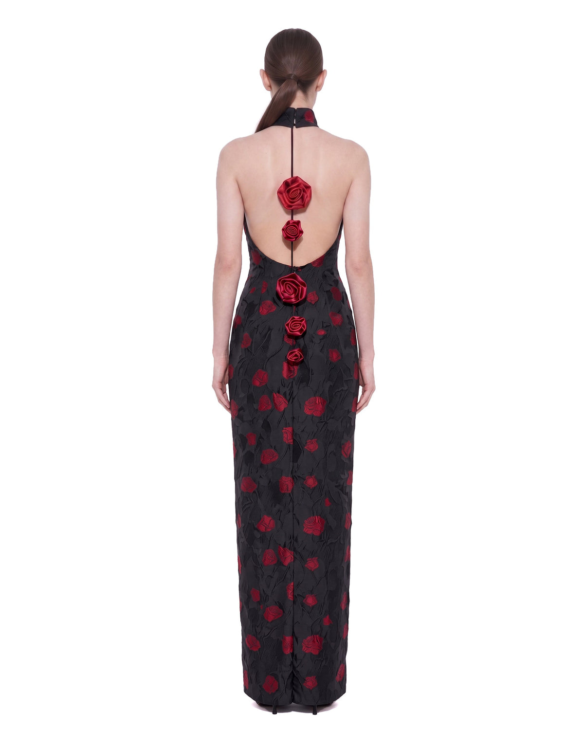 Floral Jacquard Halter Open-Back Maxi Dress - Black & Red
